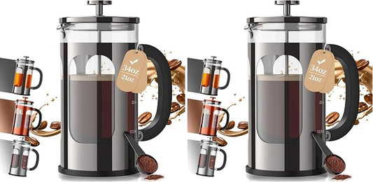 Veken French Press Coffee Maker,No Plastic Touching Cafe,34oz 1L Cafetera,Heat Resistant Thickened Borosilicate Glass Stainless Steel Pot for Kitchen,Travel,Camping,Tea, Gifts, Dark Pewter (Pack of 2)