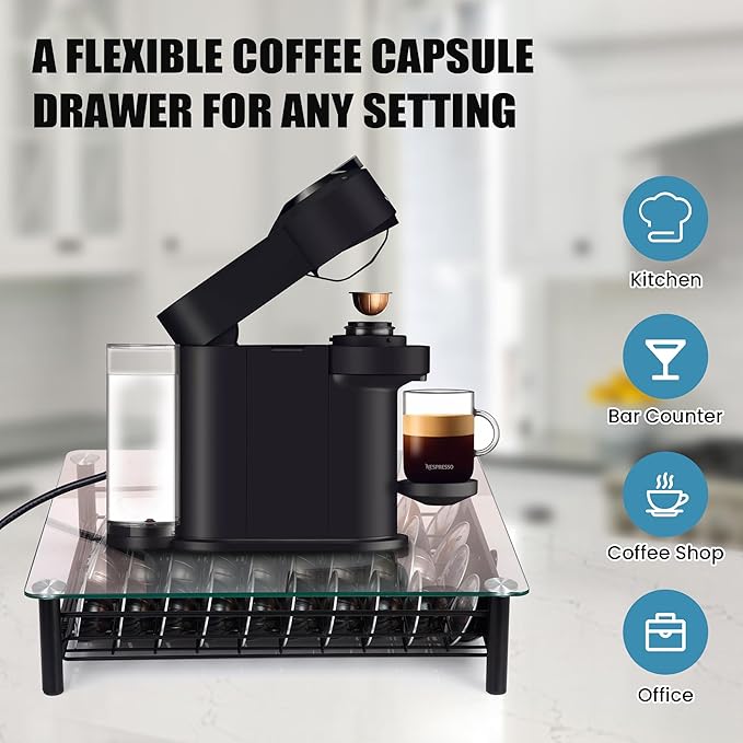 Tempered Glass Coffee Pod Drawer, Nespresso Vertuo Capsule Holder Organizer for 40 Pods, Under Coffee Maker Storage, Compatible with Vertuo Next/Plus, 14.76"x12.99"x3.5"