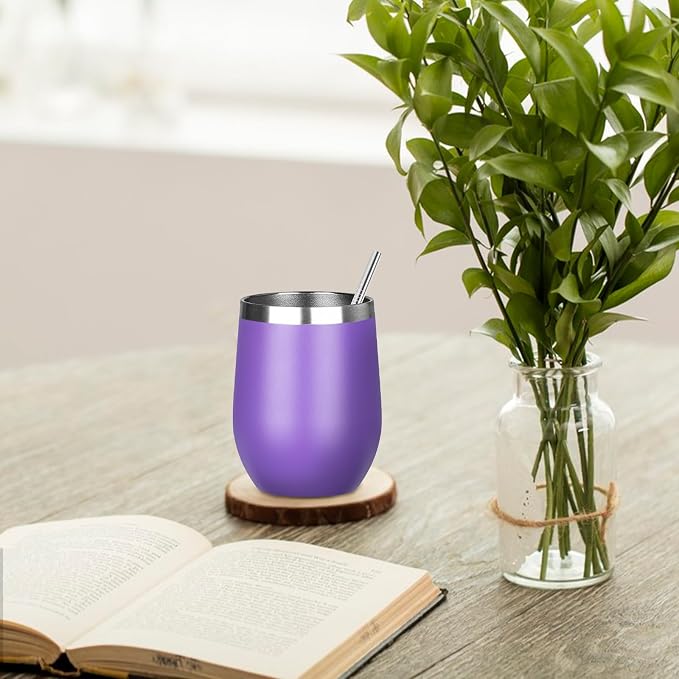 MEZMUT 12oz Insulated Wine Tumbler with Lid Double Wall Vacuum Stainless Steel Wine Glass Coffee Mug Insulated Tumbler Cup for Champaign, Cocktail, Beer (Purple, 1 Pack)