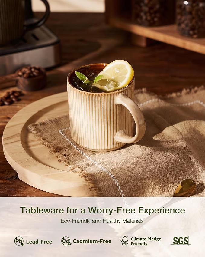 famiware Coffee Mug Set for 6, Star 12 oz Catering Mugs Cup Set with Handle for Coffee, Tea, Cocoa, Milk - Ceramic Stoneware Drinkware Set, Cream Cocoa