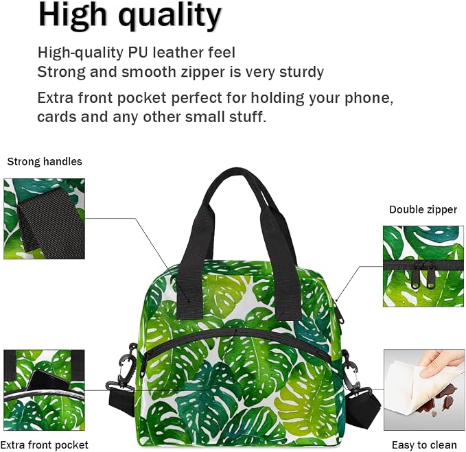Green Palm Leaves Insulated Lunch Bag for Women Men Reusable Lunch Box Cooler Bag Large Leakproof Lunch Tote with Adjustable Shoulder Strap for Adult Work Picnic Camping Beach Office