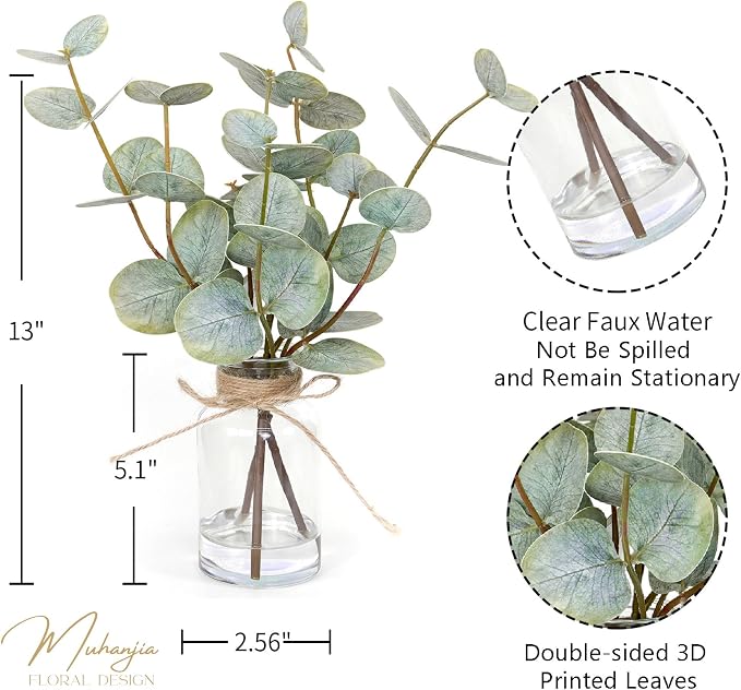 Muhanjia Artificial Eucalyptus Stems in Glass Vase with Faux Water,3Pcs Fake Plant with Double-Sided Green Leaves for Centerpiece(Double-Sided Green Eucalyptus)