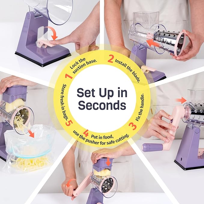 Upgraded Rotary Cheese Grater with 3 Interchangeable Stainless Steel Drums, One-Press Powerful Suction Manual Vegetable Shredder&Slicer for Kitchen, 15pcs Storage Bags Included, Pinkish Purple