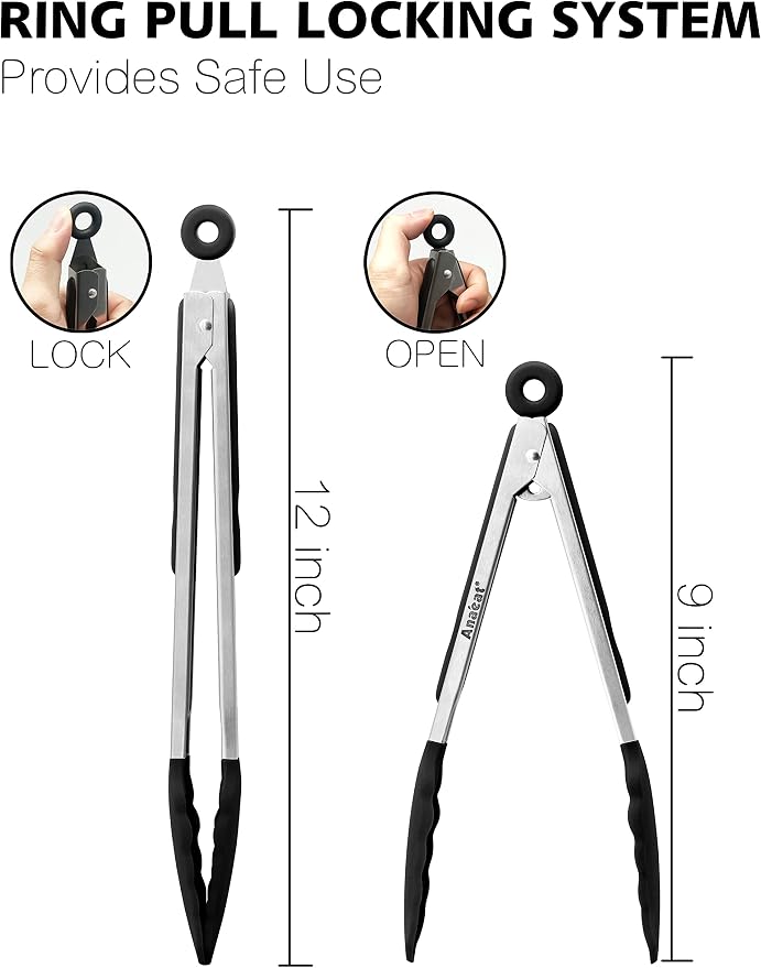 Anaeat Non-Stick Silicone Locking Tong Set of 2 - Stainless Steel 9" and 12" Kitchen Food Tongs with Non-Slip Silicone Tips and Grip for Cooking, Baking and BBQ - Heavy Duty & Heat Resistant (Black)