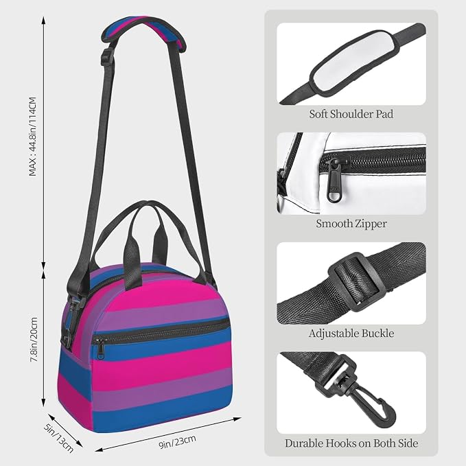 Bisexual Pride Flag Lunch Box Insulated Lunch Bag Portable Zipper Cooler Tote Bag Adult Bento Box for Women Men Reusable Meal Organizer with Adjustable Strap for Work Office Picnic Travel