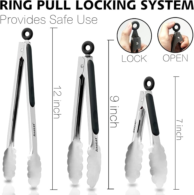 Anaeat Premium Kitchen Locking Tong Set of 3 - Heavy Duty Stainless Steel Food Tongs with Long Handle & Non-Slip Silicone Grip for Cooking, Baking, Grilling - Heat Resistant up to 480°F