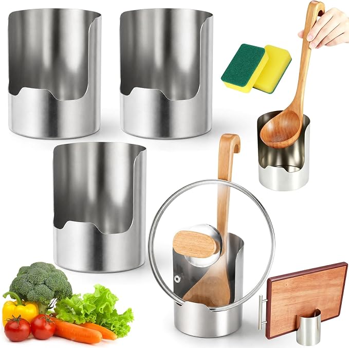 Multi-functional Kitchen Utensil Holder, Stainless Steel Cooking Utensil Holder for Countertop, Space-Saving Vertical Spoon Spatula Organizer for Pot Lids, Ladles, Spatulas & Cutting Boards (3Pcs)