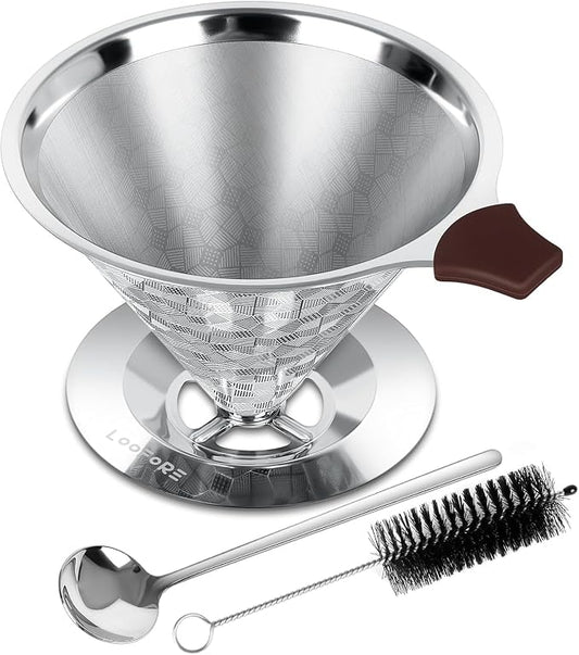 Pour Over Coffee Dripper, LOOFORE Stainless Steel Coffee Filter 1-4 Cup, Metal Cone Filter Paperless Reusable Coffee Filter, Double Mesh Design with Spoon and Cleaning Brush