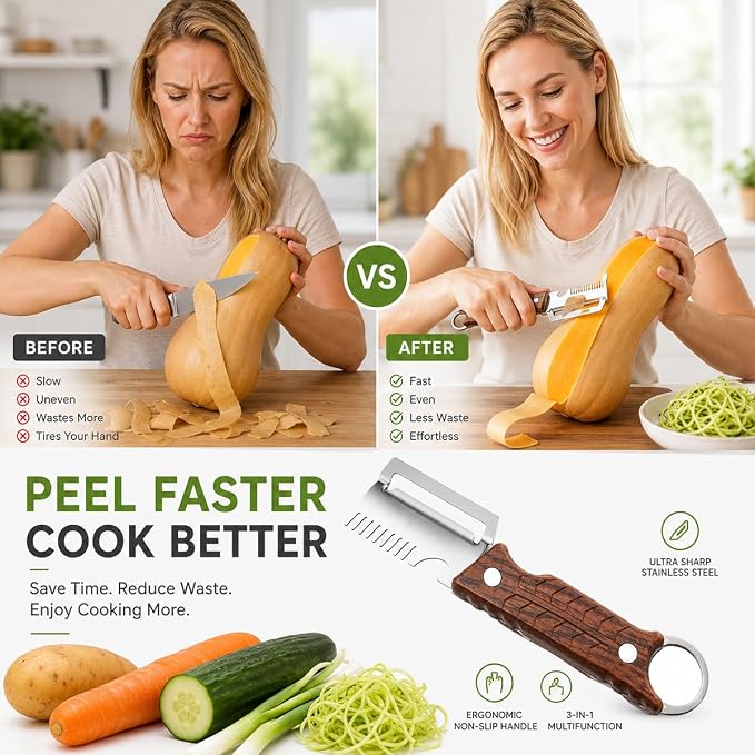 2Pack 3-in-1 Vegetable Peeler with Faux Wood Handle, Stainless Steel Julienne Peeler & Scallion Shredder with Built-In Bottle Opener, Kitchen Peeler for Potato, Carrot, Cucumber, Apple & Fruits