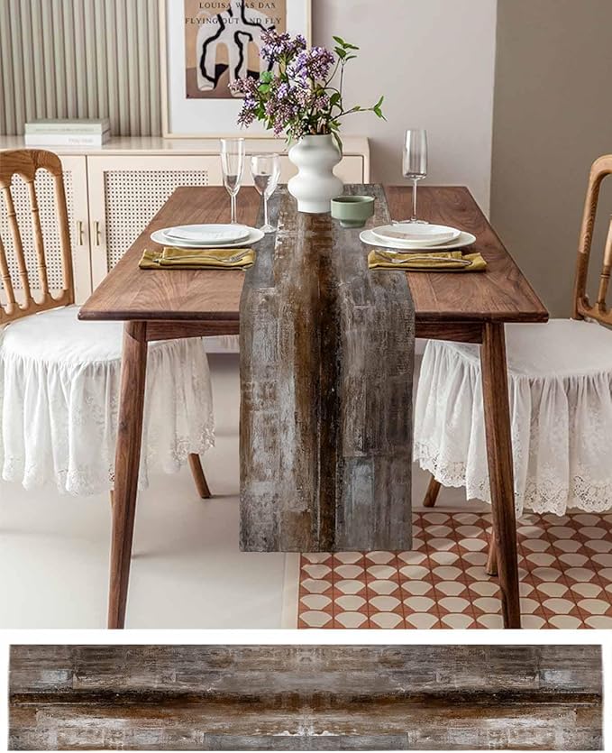 Dark Brown Table Runner - 36 Inch Long, Oil Modern Paintings Abstract Kitchen Dining Table Runner Dresser Scarves, Geometric Artwork Grey and Brown Tablerunner for Coffee Table Wedding Party Banquet