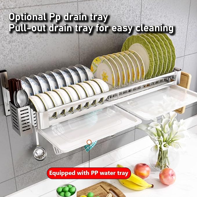 Wall Mounted Kitchen Dish Organizer Rack, 2 Tier Hanging Dish Drying Rack Over Sink, Adjustable Height Bowl Holder, Stainless Steel Storage Shelf for Kitchen Counter (80x30x50 cm / 31.5x11.8x19.7 in)