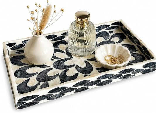Mother of Pearl Inlay Wooden Tray – Handmade Decorative Rectangle Serving Tray for Coffee Table, Kitchen, Bathroom, Vanity or Living Room Decor (Black Feathers)
