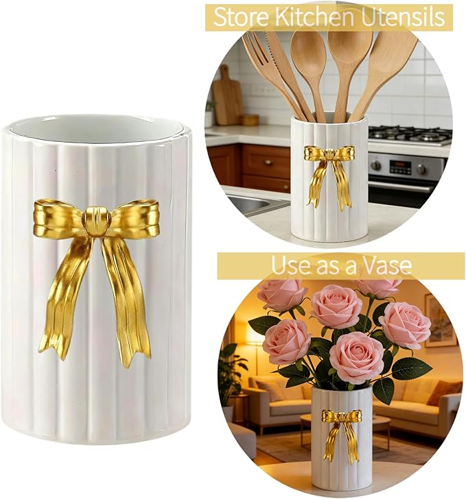 Handmade Ceramic Utensil Holder, Gold Bow 3D Coquette Cooking Utensil Crock with Scalloped Edge, Kitchen Vintage Retro Storage Caddy Organizer, Vase Decor Graduation Gift for College Students