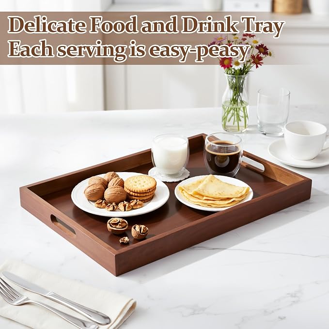 2 Pcs 17 Inch Acacia Wood Serving Trays with Handles, Large Wooden Tray Platter for Ottoman, Breakfast in Bed, Coffee Table, Decorative Rectangular Tray for Living Room Bedroom Kitchen