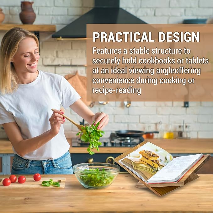 MyGift Premium Acacia Wood Kitchen Cookbook Stand – Solid Wood Recipe Holder for Countertop Cooking, Tablets & Books