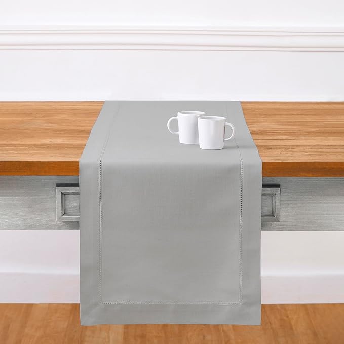 Solino Home Cotton Linen Light Grey Table Runner 132 Inches Long - Hemstitch 14 x 132 Inch Table Runner for Spring, Summer