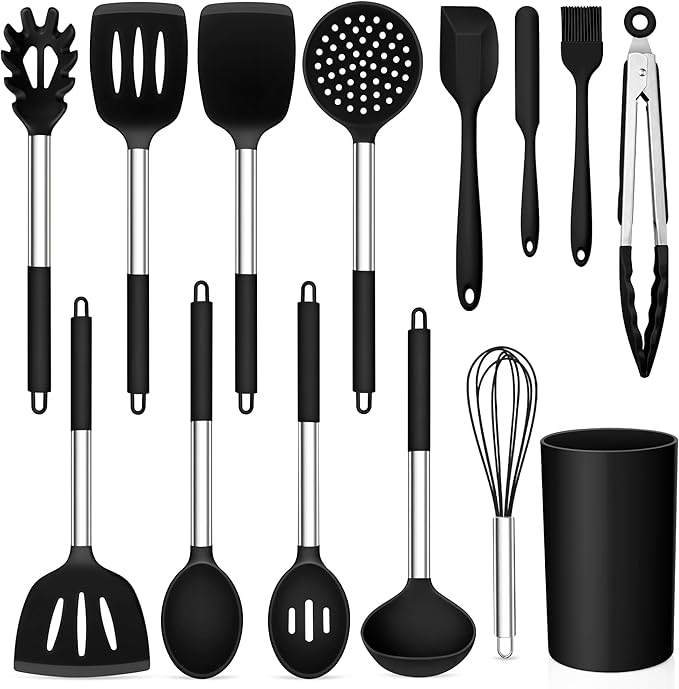 TeamFar Kitchen Utensil Set of 14, Silicone Cooking Utensil Set with Stainless Steel Handle, for Frying Serving Flipping Draining, Non-toxic & Heatproof, Nonstick & Dishwasher Safe - Black