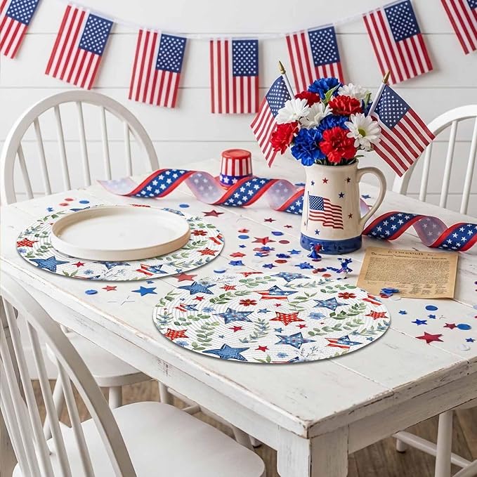 4th of July Round Placemats Set of 2 Patriotic Star Floral Place Mats Independence Day Woven Placemat Green Eucalyptus Leaves Circle Braided Table Mat for Kitchen Dining Table Party Decor 15 Inch