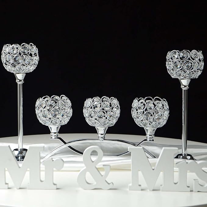Crystal Tealight Candle Holder Centerpiece Home Decorative Candlestick Holder Elegant Table Centerpiece Home Decor Wedding Party Anniversary (Silver, Set of 3)