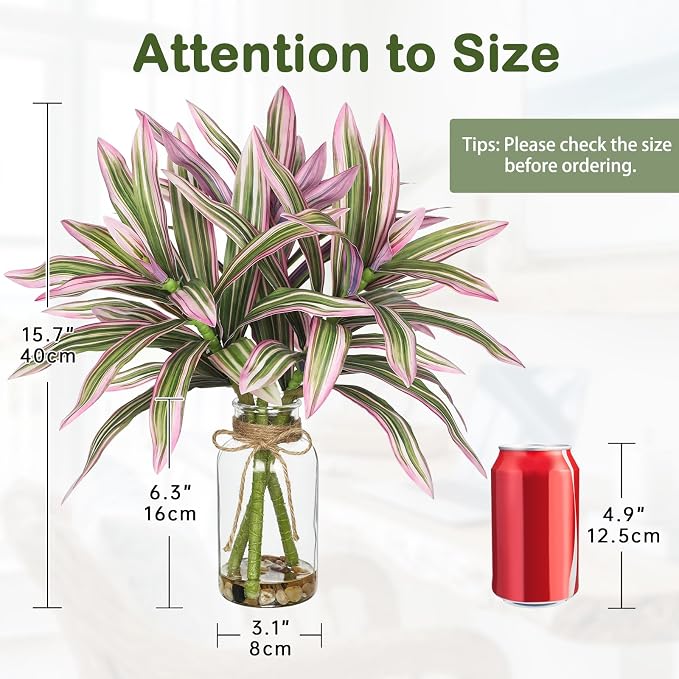 Faux Greenery Stems in Vase Dracaena Aritificial Plant in Glass Vase with Faux Water & Stones 15.7" Small Potted Plants Arrangement Centerpieces for Farmhouse Kitchen Dinner Tables Greenery Decor