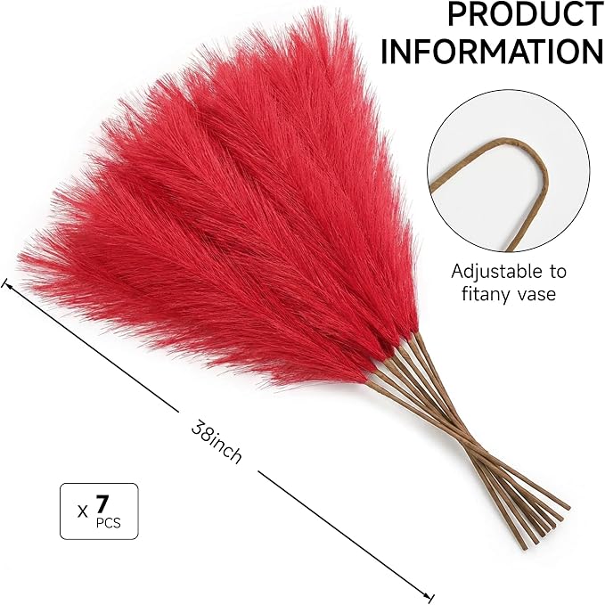 ZIFTY Boho Decor 7-Pcs 38"/3.1FT Faux Pampas Grass Large Tall Fluffy Artificial Fake Flower Bulrush Reed Grass for Vase Filler Farmhouse Home Wedding Decorations (Red)