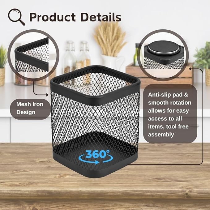 IBERG Rotating Coffee Pod Basket, 360° Spinning Mesh Metal Organizer for Coffee Station & Kitchen Counter (Black Square)