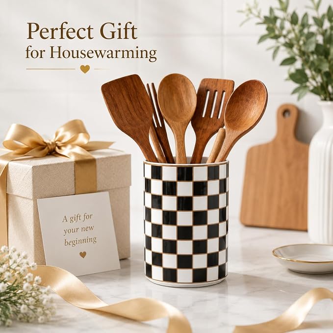 Checkered Kitchen Utensil Holder,Black And White Ceramic Cooking Utensil Holder Modern Utensil Crocks for Kitchen Counter,Housewarming Gift, Farmhouse Kitchen Decor and Accessories (Black)