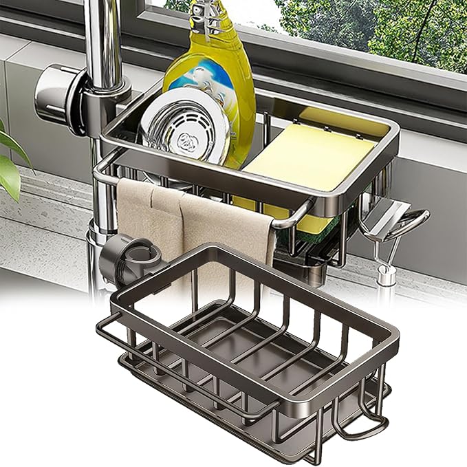 Kitchen Sink Faucet Organizer, Kitchen Sink Organizer Over Faucet, Over Sink Dish Drying Rack, Sponge Holder for Kitchen Sink, for 0.7-1.1 inch Round Water Pipe (Grey, Right Mount)