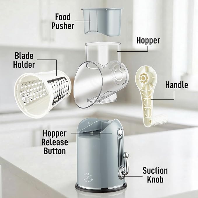 Zulay Kitchen Rotary Cheese Grater 5 Blade Cheese Shredder - Manual Hand Crank Cheese Grater With Reinforced Suction & 5 Interchangeable Drums - Easy to Use, Vegetable Chopper Round Mandoline Slicer