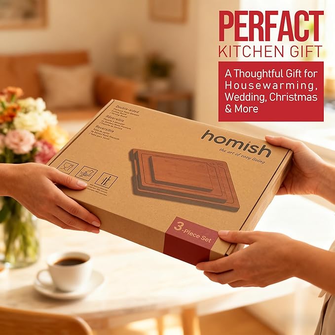Large Bamboo Cutting Board 3 Piece Set with Juice Groove & Handle - Non Toxic Wood Charcuterie Board & Butcher Block for Meat, Veggies Fruit & Cheese - Kitchen Gift Set by Homish