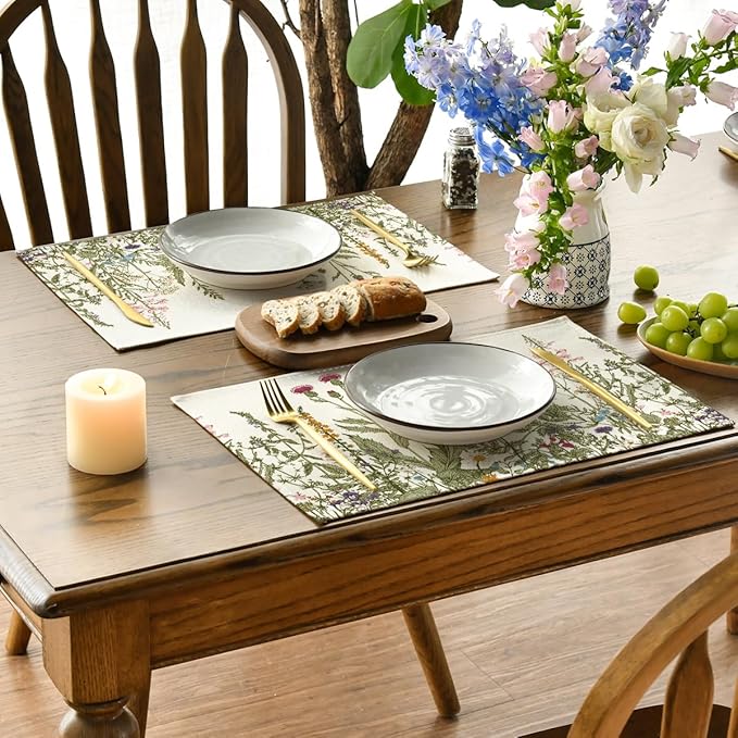 Artoid Mode Antique Herbs and Wild Flowers Spring Placemats Set of 6, 12x18 Inch Seasonal Summer Table Mats for Party Kitchen Dining Decoration