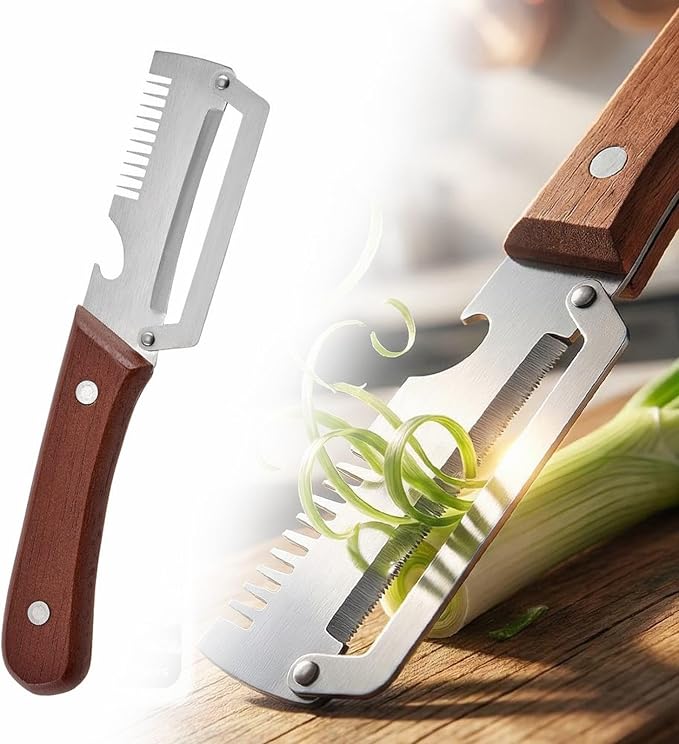 Multifunctional Stainless Steel Vegetable Peeler with Wooden Handle, Julienne Cutter & Bottle Opener for Potato, Apple, Carrot, Fruit and Veggie Prep (2PCS)
