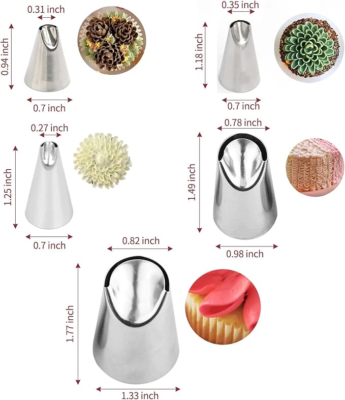 Flower Piping Tip Set, 5-Piece Stainless Steel Chrysanthemum and Tulip Korean Style Nozzles – Buttercream Bean Paste Frosting Icing Tips for Cake Decoration Cupcakes Cookies Baking Tools