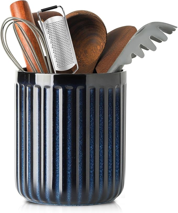 HASENSE Ceramic Utensil Holder, 7.3" x 6.2" Ribbed Utensil Crock for Farmhouse Decor, Porcelain Cooking Utensil Holder for Kitchen Countertop, Utensil Organizer for Housewarming Gift, Navy Blue