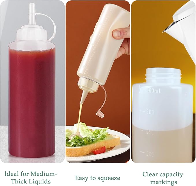 12 oz Semi-Transparent Soft Plastic Condiment Squeeze Bottle, Leak-Proof, Plastic Squirt Bottles for Sauce, Syrup, and Oil