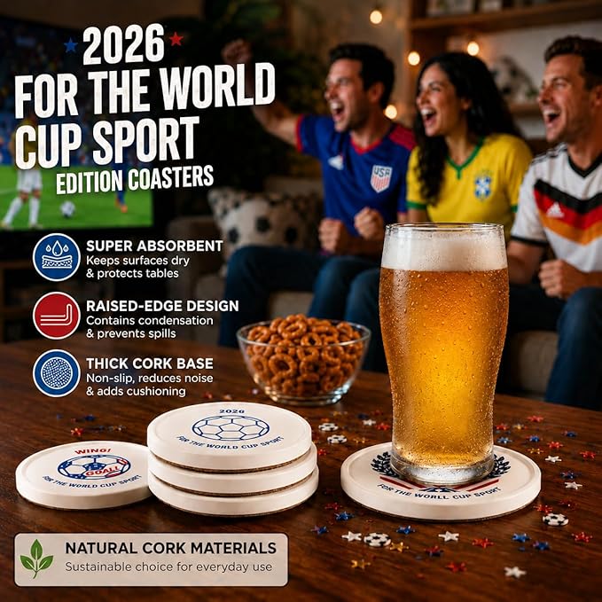 Y2026 Drink Coasters Set of 2 for The World Cup, Anti-Slip Thick Cork Absorbent Coasters with Raised Edge, Stone Drying Mat for Cups, Sink Tray, Soap Dish & Small Plants (2PACK 4X4X0.39 in_footable)