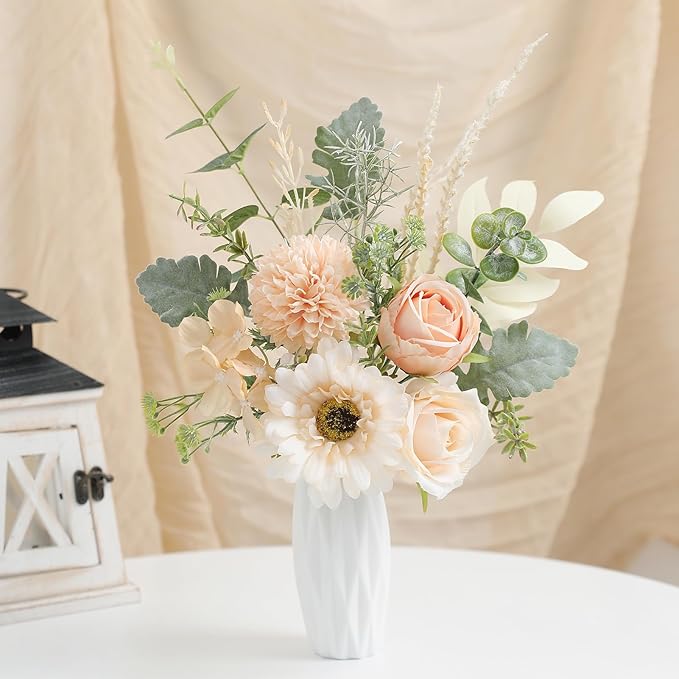 Small 11.8" Artificial Flowers in Ceramic Vase - Champagne Silk Flower Centerpiece for Dining Table, Office, Wedding & Farmhouse, Home Decor Gifts
