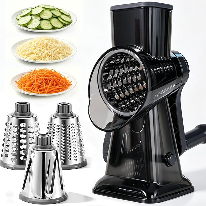 HANSGO Rotary Cheese Grater Hand Crank, Shredder Slicer Grinder, 3 Large Diameter Metal Blades & Cleaning Brush, Non-slip Suction Base, Labor-Saving Handle, Kitchen Gadgets for Cheese, Vegetable, Nuts