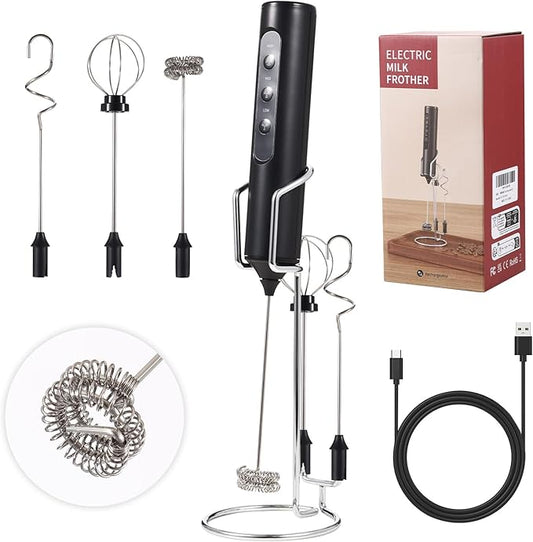 Rechargeable Handheld Milk Frother with Stand, 3 Speeds 3 Detachable Stainless Steel Whisks Electric Drink Mixer, Coffee Mixer for Lattes Cappuccino Matcha Eggs, Kitchen Gifts