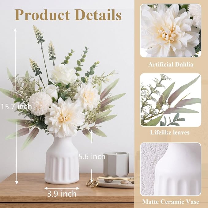 Fake Flowers in Vase, Artificial Flowers with Vase, 15.7'' Floral Arrangements for Dining Table Centerpiece Decor, Silk Roses & Faux Dahlia Bouquet for Farmfouse Kitchen Coffee Table Decor (White)