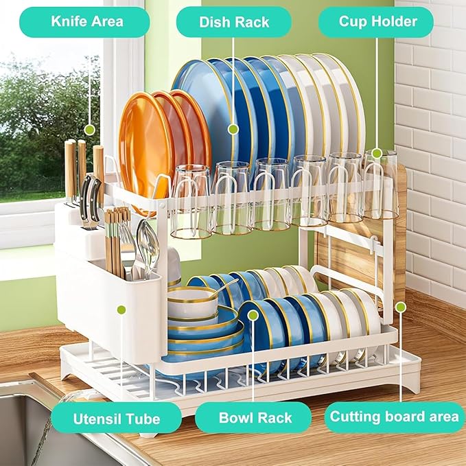 2 Tier Dish Drying Rack, Small Dish Rack for Kitchen Counter, Detachable Capacity Dish Drainer Organizer with Cutlery & Cup Holder (White)