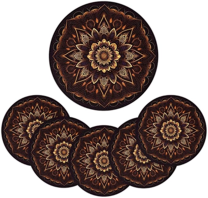 Round Placemats Set of 4, Fire Mandala Flowers Woven Placemats Mats Non-Slip Heat Resistant Washable Table Mats Round Braided Place for Farmhouse Kitchen Dining Party Decor 15in
