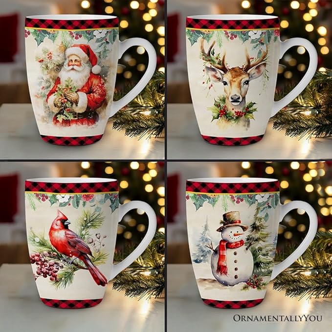 OrnamentallyYou Coffee Mug Holiday Kitchen Drinkware, Multiple Designs Available (Festive Country Plaid Set of 4 Ceramic Mugs)