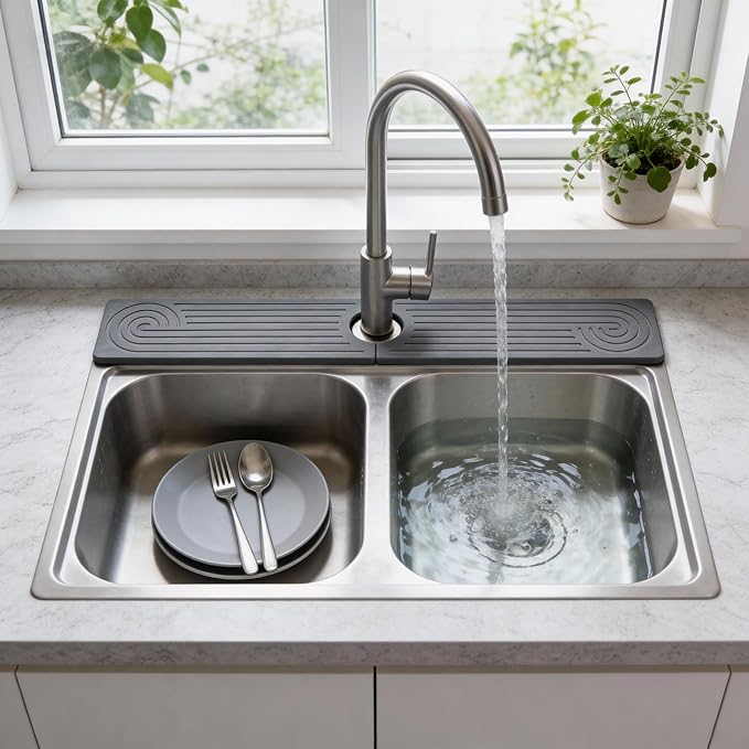 Hopegiver Stone Faucet Mat for Kitchen Sink - Fast Drying Diatomite Sink Protector Prevent Moisture, Super Water Absorbing Stone Tray for Kitchen & Bathroom Counter (Gray, 23.6"x3.9")
