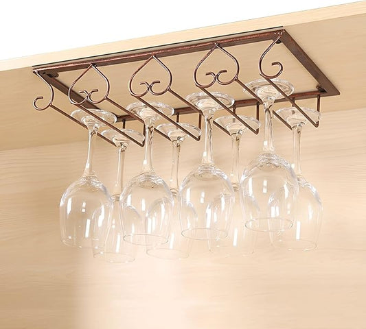 Wine Glass Rack Under Cabinet, Metal Wine Glasses Holders, Hanger Storage Organizer Hanging Glass, fit for Bar Kitchen 4 Rows(Brown)