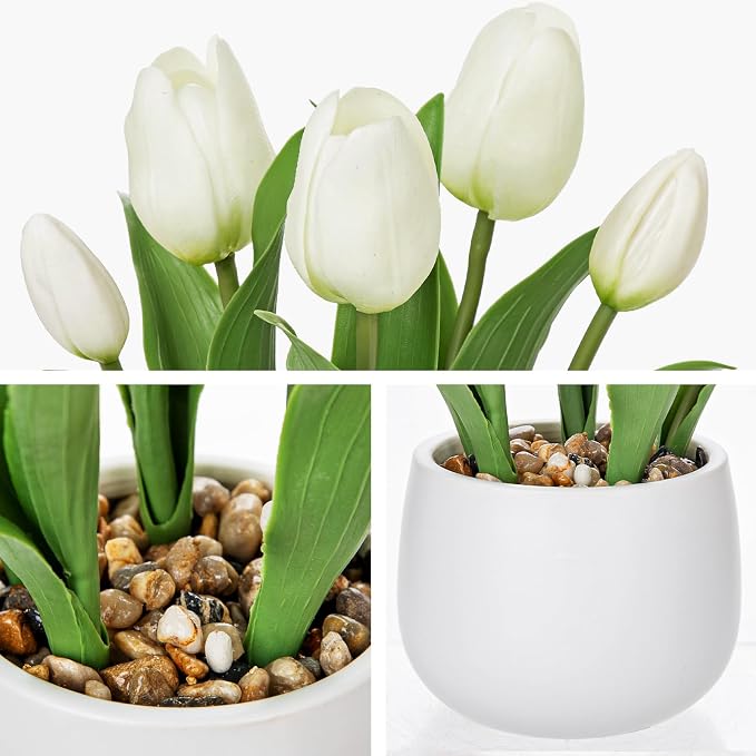 Hollyone White Tulips Artificial Flowers in Vase Fake Tulips Silk Flowers Arrangements Faux Tulip Bulbs with Ceramic Tulip Pot Potted Plants Floral Bouquet for Home Decor Table Centerpiece Decorations