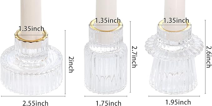 Vixdonos Taper Glass Candlestick Holders Tealight Candle Holders for Table Centerpieces, Wedding Decor and Dinner Party (3 Pcs, Gold Rim Clear)