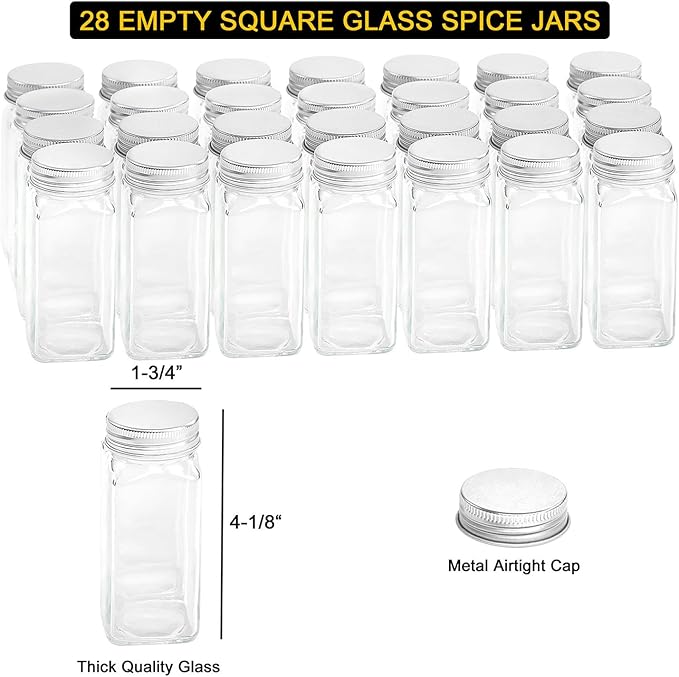 SpaceAid Spice Rack Organizer with 28 Spice Jars, 386 Spice Labels, Chalk Marker and Funnel Set for Cabinet, Countertop, Pantry, Cupboard or Door & Wall Mount - 28 Jars, 13.4" W × 10.8" H, Black