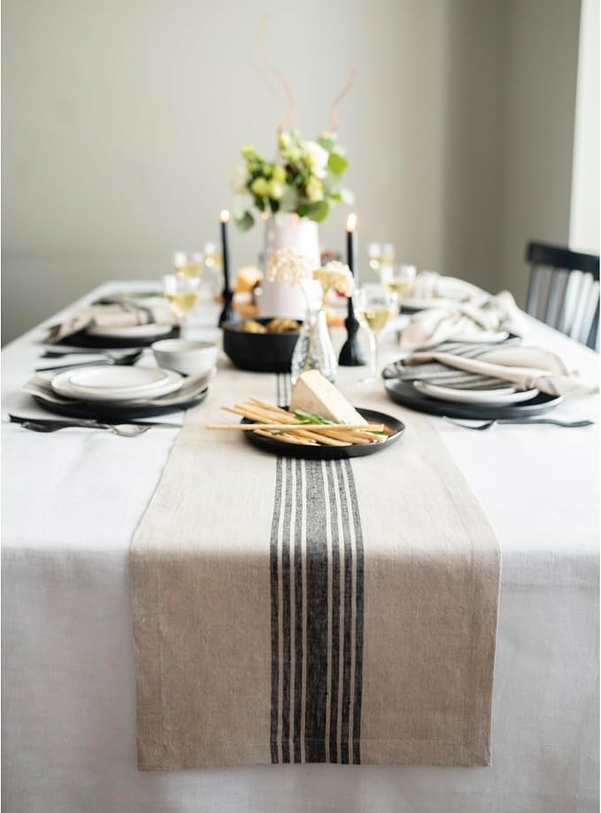 Solino Home Stripe Linen Table Runner 132 Inches Long - 100% Pure Linen Black and Natural Farmhouse Table Runner 14 x 132 Inch for Dining, Summer
