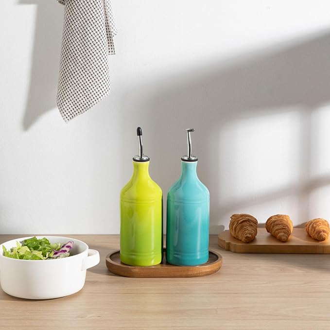 Sweejar Ceramic Olive Oil Dispenser Bottle Set, Opaque Oil Cruet Protects to Reduce Oxidation, Suitable For Storage Of Vinegar, Soy Sauce & Other Liquids,Pack of 2,15.5 Fl Oz（Gradient Blue & Green）